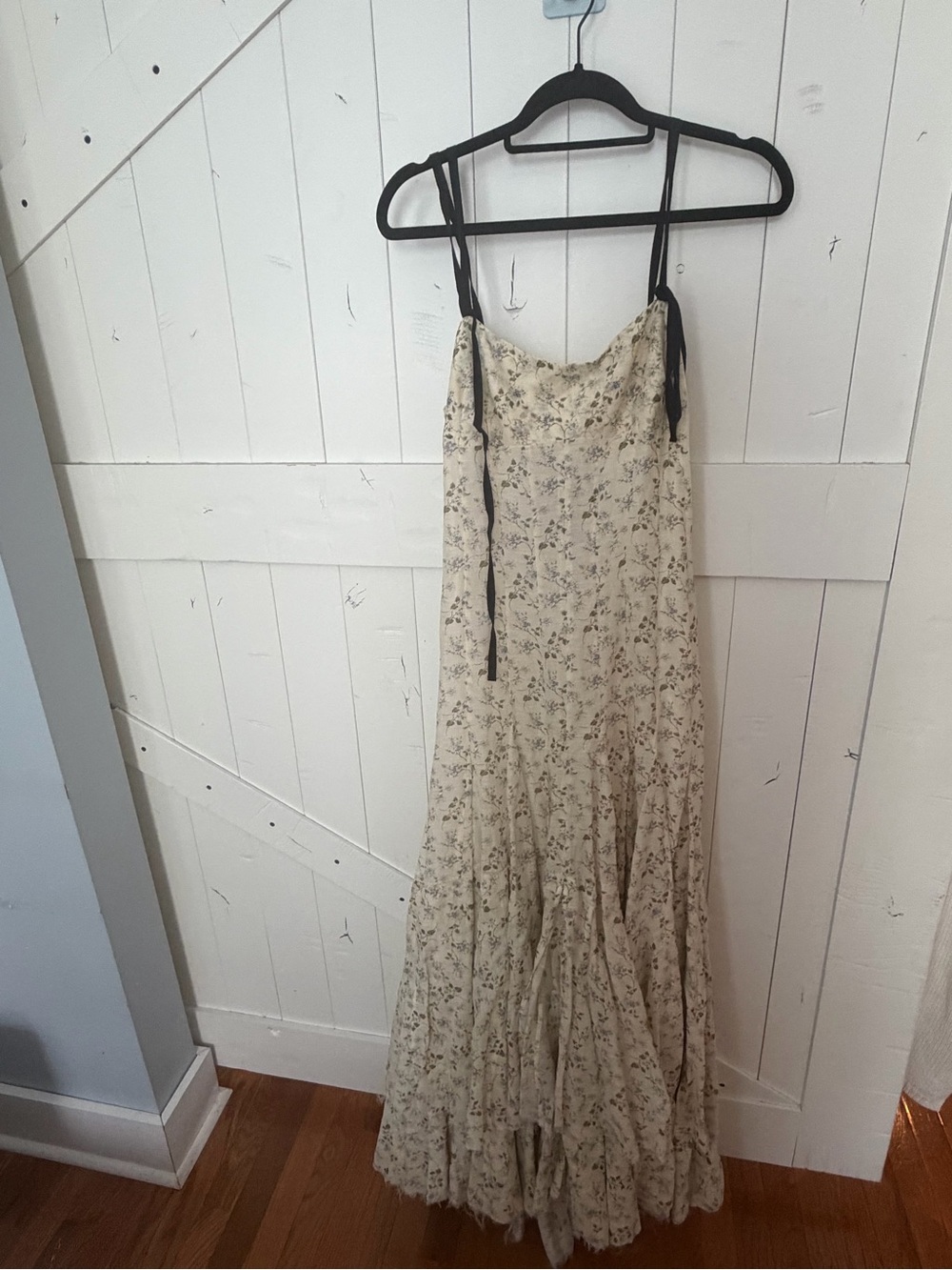 Cream Floral Maxi Dress with Black Tie Straps